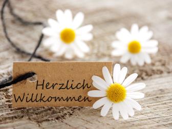 Pappschild "Herzlich Willkommen" mit Gänseblümchen