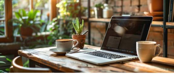Laptop mit Planzen und Kaffeetassen am Arbeitsplatz